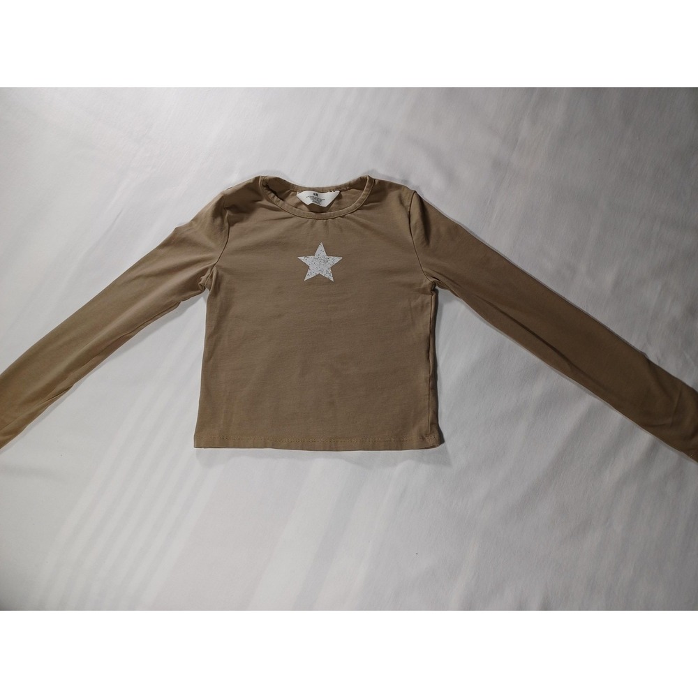 H&M Shirt Youth 8-10 Brown Long Sleeve Star Graphic Crewneck Tee Kids